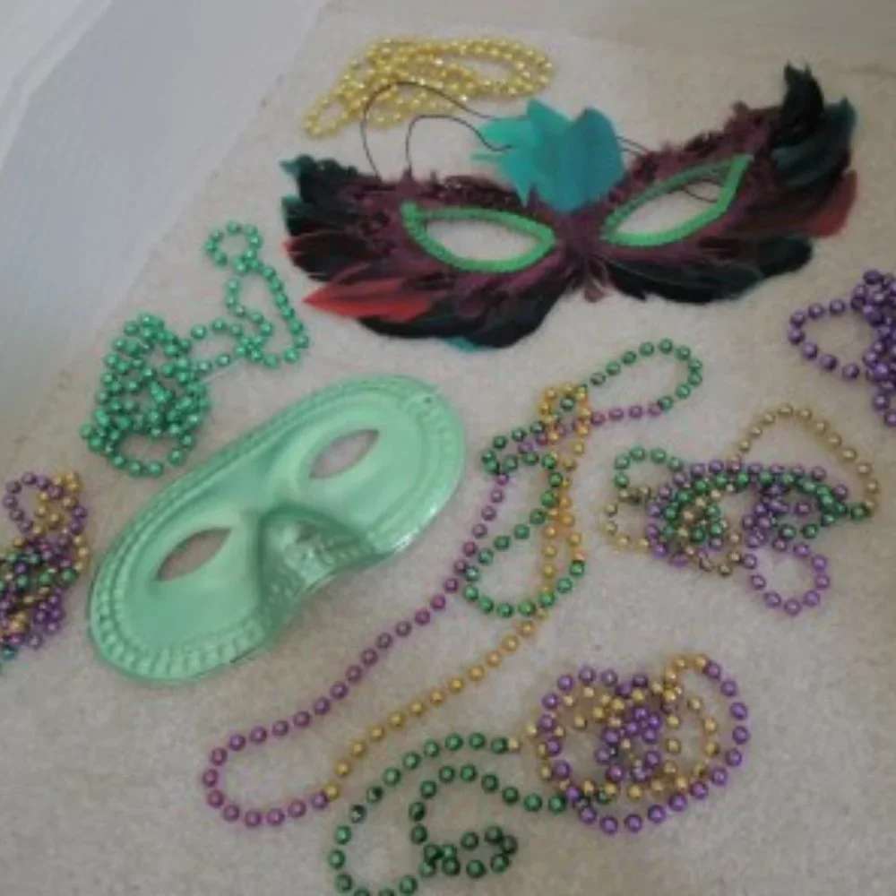 Mardi Gras Masks Beads LOT 24 Necklaces + 2 Bourbon Street Party Masks NEW